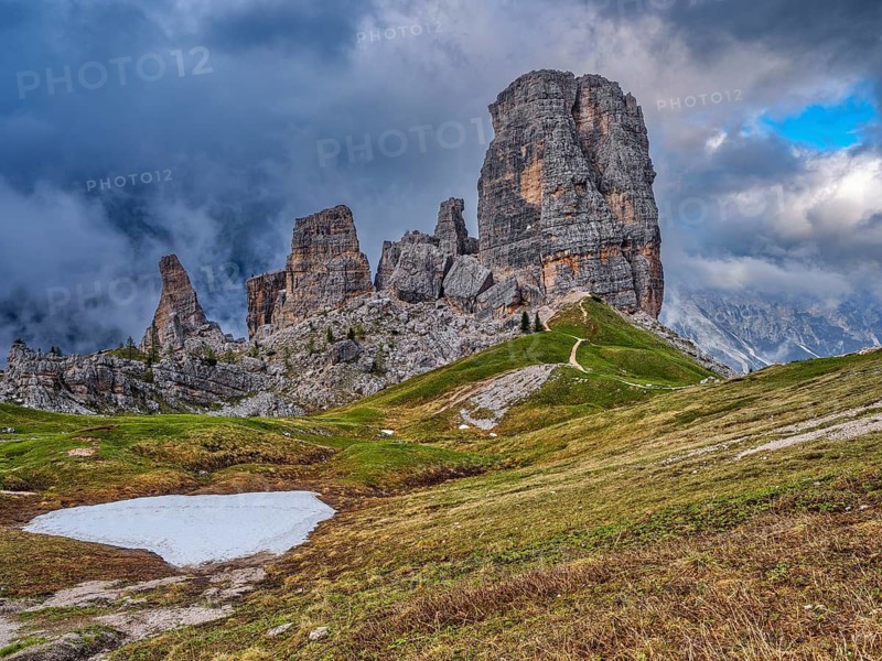 Cinque Torri, clouds and fog, Dolomites, Belluno, Veneto, Veneto, Italy