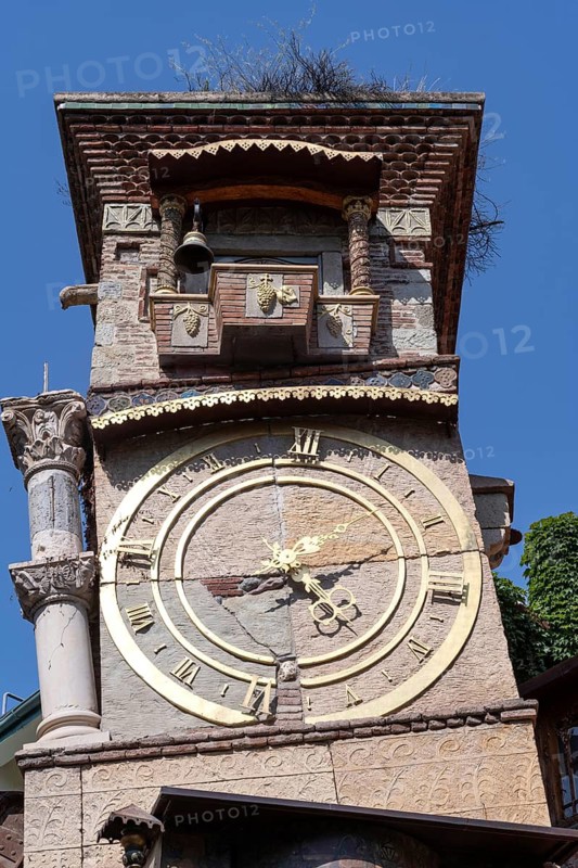Tbilisi, Georgia. August 5th 2025. The ornate clock tower of the Gabriadze Marionette Theater, Georgian puppet theater in Tbilisi, Georgia