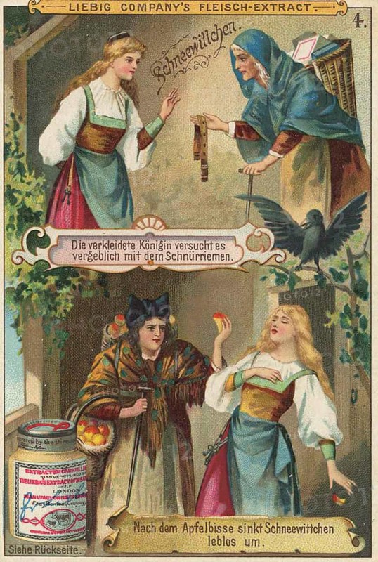 Picture series German fairy tales, Snow White, Liebig picture, digitally restored reproduction of a collector's picture from around 1900, public domain, exact date unknown, The disguised queen gives Snow White a poisoned apple
