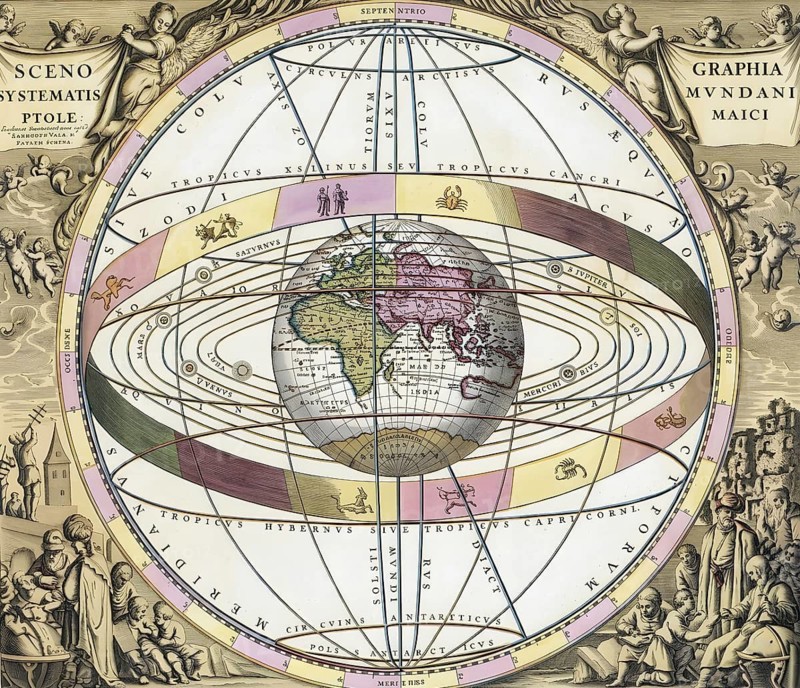 Ptolemy's worldview, the earth as the center of the universe, historical illustration, digitally edited, geography, earth, earth surface, historical personality