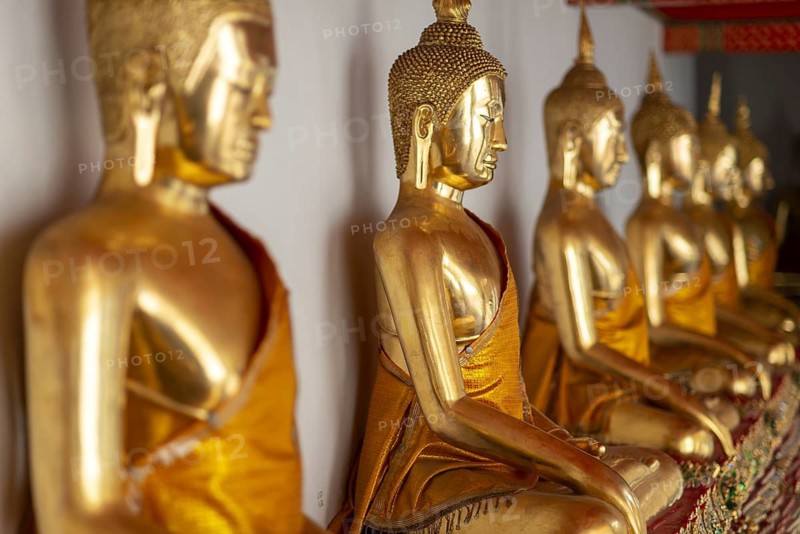 Gilded Buddha statues (Bhumispara-mudra: Buddha Gautama at the moment of enlightenment), Wat Pho, Bangkok, Thailand