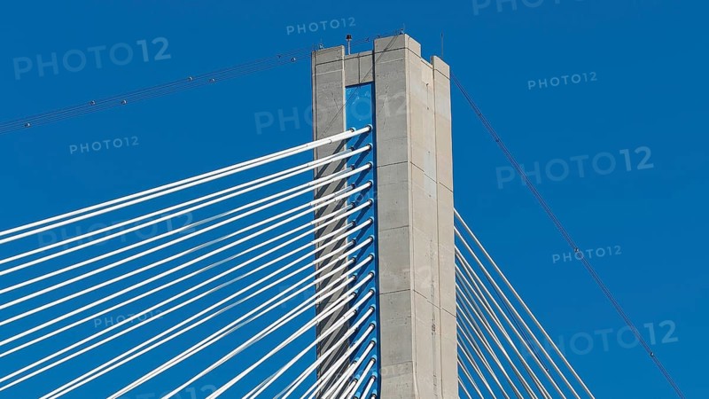 Close-up of bridge top with parallel steel cables, Rio-Antirrio cable-stayed bridge, Patras, Peloponnese, Greece