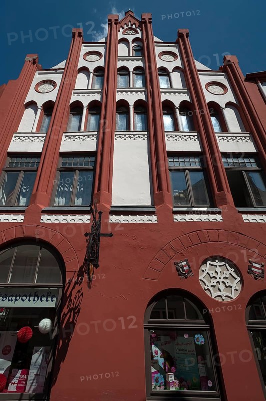 Historic façade of the market pharmacy from 1621, Wismar, Mecklenburg-Vorpommern, Germany