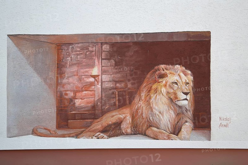 Mural by Nikolaj Arndt, open-air gallery, WineStreetArt Festival, wine festival, street art, graffiti, male reclining lion figure, Gönnheim, Wachenheim, German Wine Route, Rhineland-Palatinate, Germany