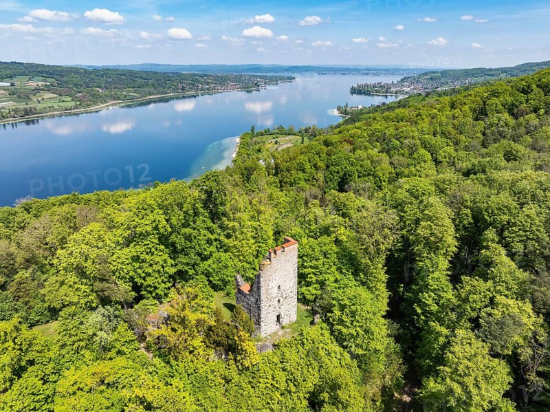 Aerial view of the Neuburg ruins, historical sight above Lake Constance, Untersee, Lake Rhine, opposite the Höri peninsula, Canton Thurgau, Switzerland