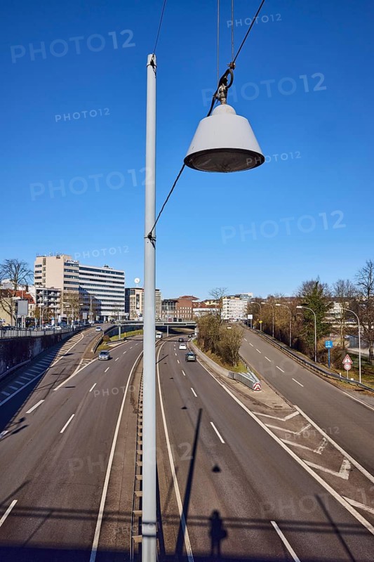 Motorway exit, general architecture, streets, lanterns, lamp, vehicles, trees, bird's eye view, blue sky, cloudless, motorway A620, Saarbrücken, state capital, regional association Saarbrücken, Saarland, Germany