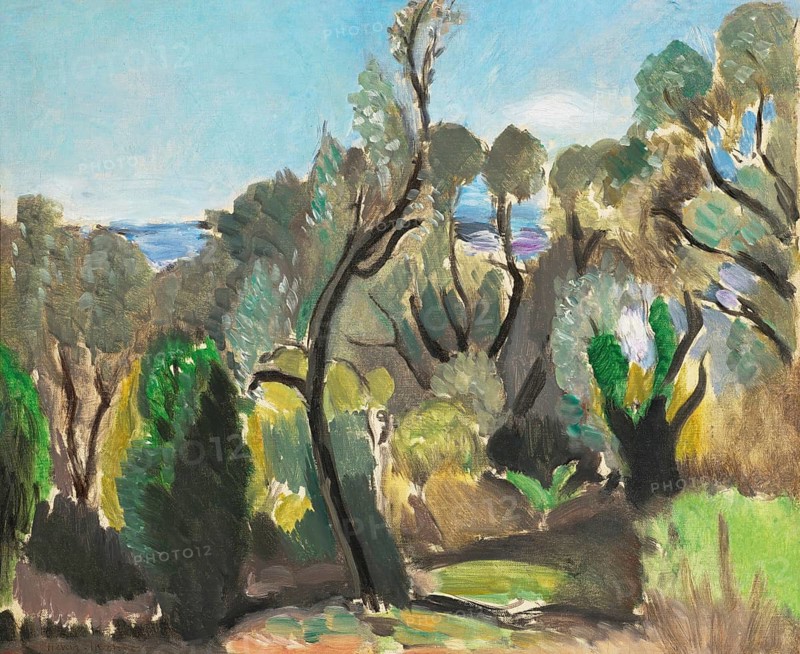 Henri Matisse, Henri Emile Benoit Matisse (born 31 December 1869, died 3 November 1954 in Cimiez), French painter, graphic artist, draughtsman, Classical Modernist. Here his work:, Paysage aux environs de Nice ou Les Oliviers ou Coin du Mont-Boron (1918), Landscape near Nice or The Olive Trees or Corner of Mont-Boron, Landscape near Nice or The Olive Trees or Corner of Mont-Boron, Painting, Reproduction of the painting, Work of art, Historical, Lively impressionistic landscape with trees and view of the sea