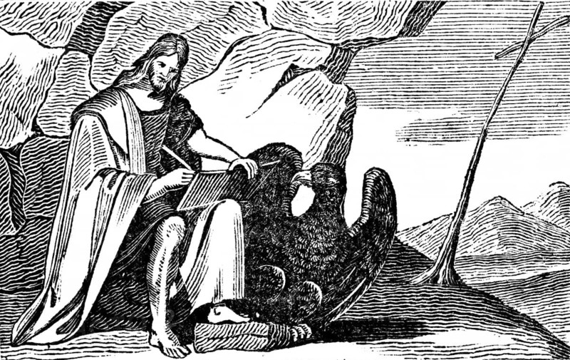 The evangelist John writes the Book of Revelation by divine command, apostles proclaim the good news of Jesus and his kingdom throughout the world, spread of Christianity, woodcut, historical illustration, Christoph Schmid's Biblical History 1831