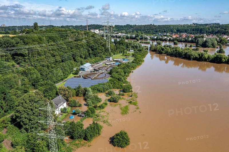 Flood on the Ruhr, after long periods of heavy rainfall, the river left its bed and flooded the countryside and villages, the highest water level ever recorded, Ruhr near Bochum-Dalhausen, sewage treatment plant, North Rhine-Westphalia, Germany