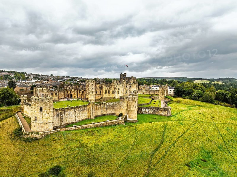 Alnwick Castle from a drone, Alnwick, Northumberland, England, United Kingdom