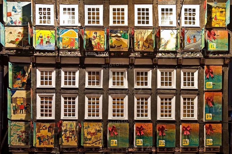 Large Advent Calendar at the Old Town Hall, Nostalgic Christmas Market, Hattingen, Ruhr Area, North Rhine-Westphalia, Germany