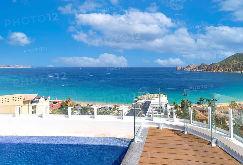 Mexico, Scenic panoramic aerial view of Los Cabos tourist destination Arch of Cabo San Lucas, El Arco, Playa Amantes and Playa del Divorcio