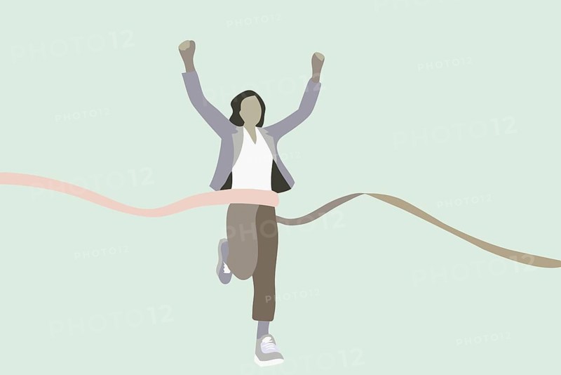 Woman crossing finish line victorious. Achievement, success concept