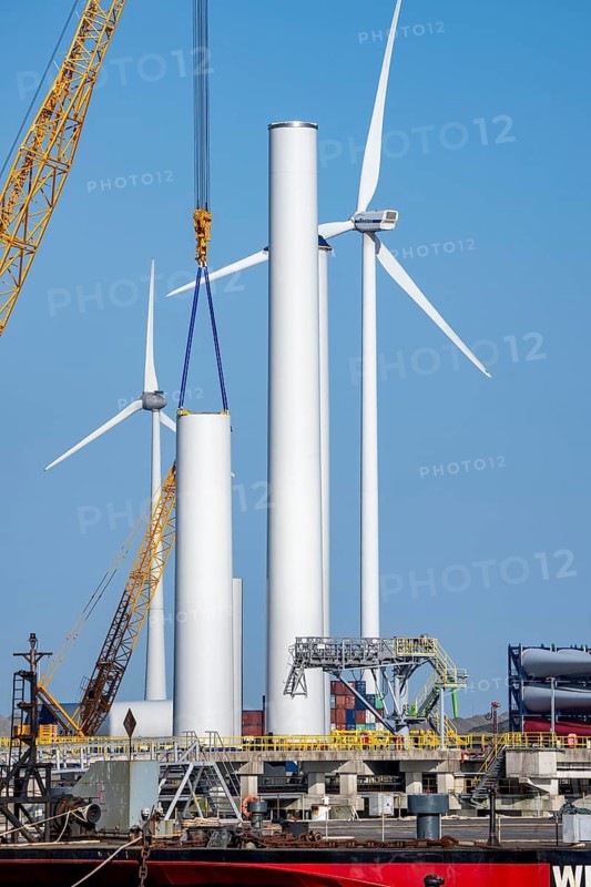 The seaport of Eemshaven, Julianahaven Basin, is where the components, rotors, tower components, technical gondolas, for offshore wind farms, which are then assembled into actual wind turbines, the components are transported to the wind farms in the North Sea with large working vessels and assembled there, Eemshaven, the Netherlands