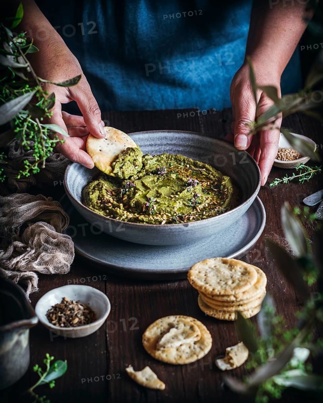 A vibrant bowl of green hummus garnished with herbs is placed on a rustic wooden table. Beside it, a variety of crackers are arranged as someone dips a cracker into the bowl