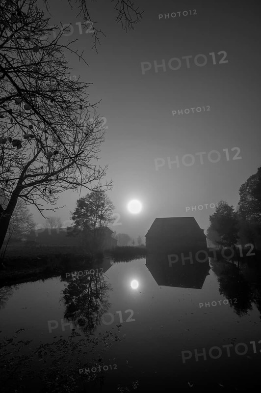 Morning sun over the estate pond on a foggy morning at Gut Othenstorf, Othenstorf near Rehna, Mecklenburg-Vorpommern, Germany