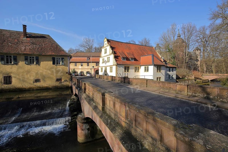 Bridge over Mümling Bach and Fürstenau Castle, Erbach, Odenwald, Hesse, Germany