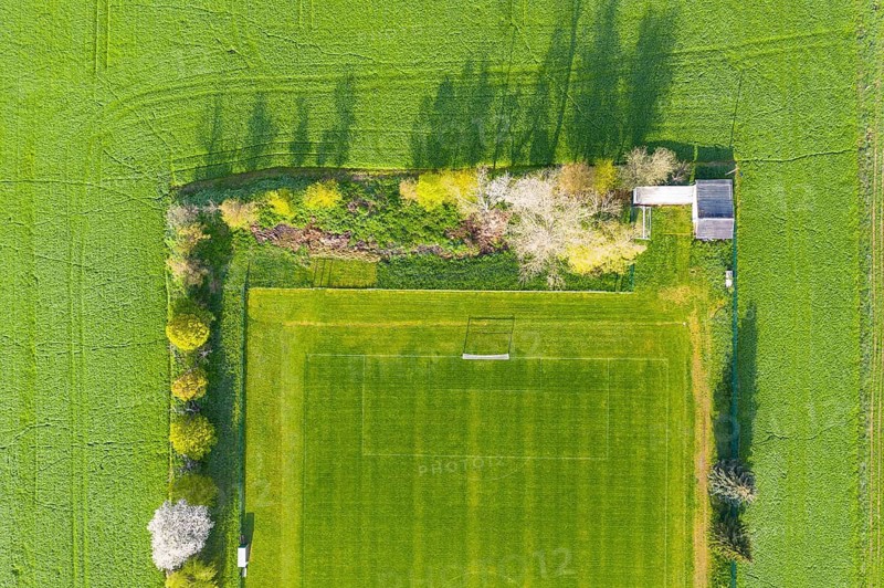 Pleasure painting of the pattern of a small football field surrounded by field, Kriebstein, Saxony, Germany