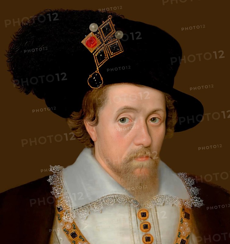 James VI and I, James Charles Stuart, 1566 – 1625, King of England, Scotland and Ireland, digitally edited after a painting by John de Critz