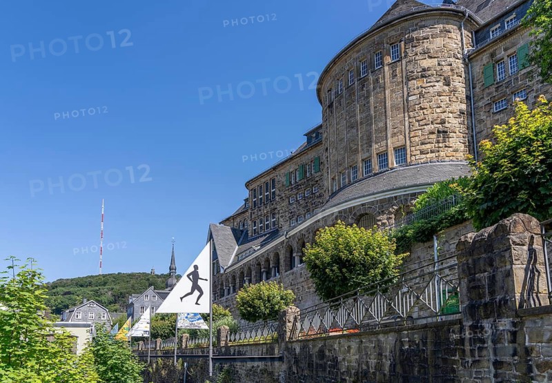 The old town centre of Langenberg, a district of Velbert in the district of Mettmann, one of 2 antennas of the Langenberg transmitter of the WDR for radio and TV, the Deilbach, Bürgerhaus, North Rhine-Westphalia, Germany