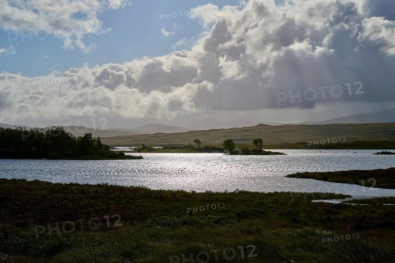 Wide, calming landscape with a bright sky over a lake, Rannoch Moor, Bridge of Orchy, Scotland, United Kingdom, Great Britain