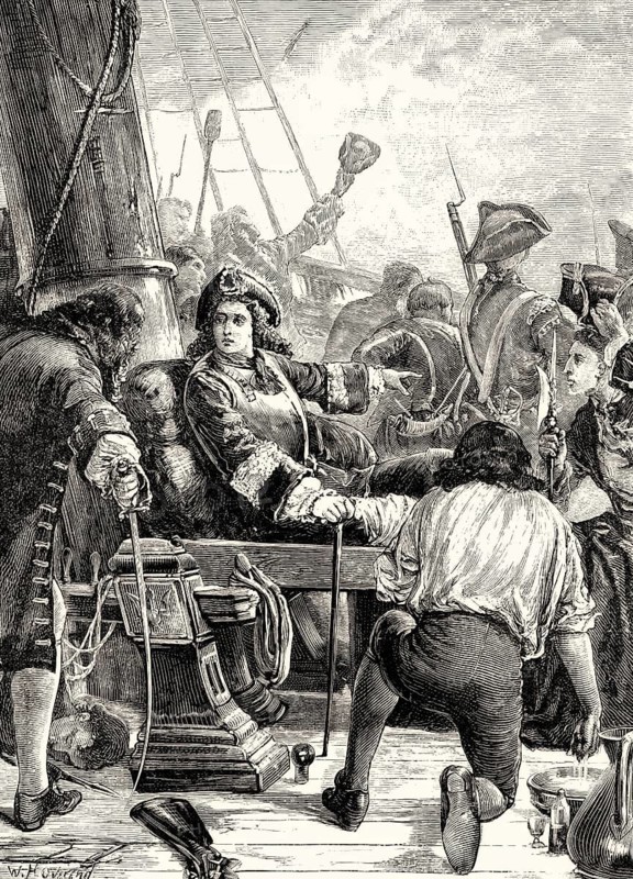 The legend of Brave Benbow, wounded John Benbow commanding his men to fight, St Martha, West Indies, July 1702, Action of 1702