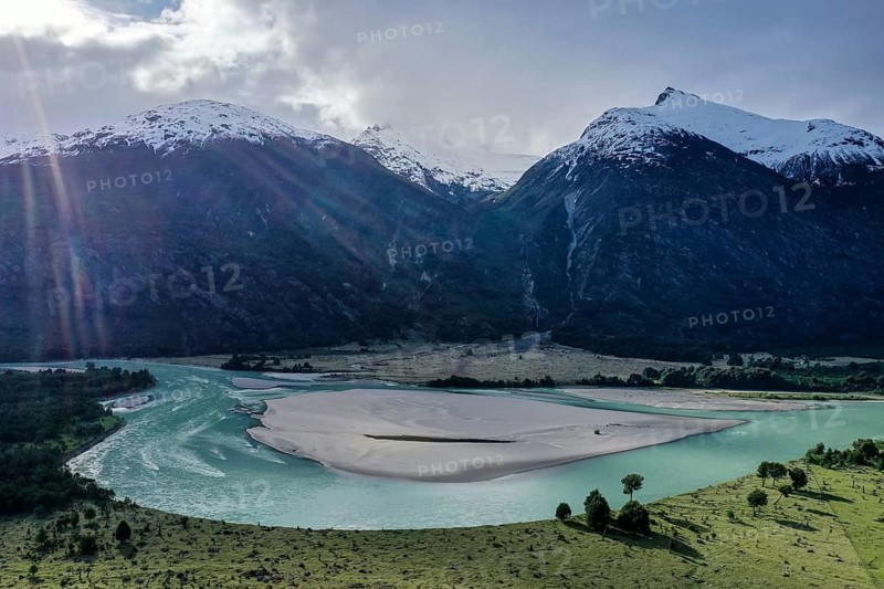 Aerial view over Rio Baker at the Rio Nadis mountain range south of Cochrane, Patagonia, Chile