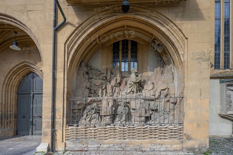 Depiction of the Mount of Olives on the late Gothic church of St John the Baptist, Obere Kirchgasse 5, Kitzingen, Lower Franconia, Bavaria, Germany