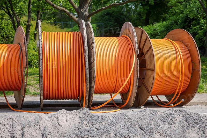 Duisburg, North Rhine-Westphalia, Germany, Internet broadband expansion, construction site for laying fibre optic cable, cable drum with fibre optic cable, new construction of fibre optic routes, fast Internet, DSL cable connection for households