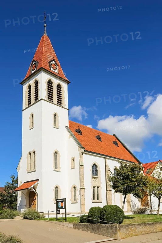 Evangelical Lutheran Church, St Paul's Church, church, sacred building, church tower, clock, Stockach, municipality of Gomaringen, district of Tübingen, Baden-Württemberg, Germany