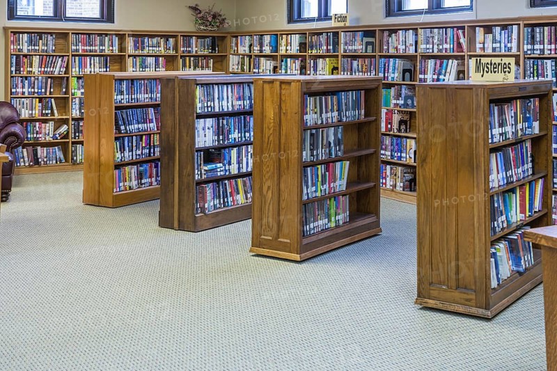 Books fill shelves at a small town library in Rockville, Indiana, USA