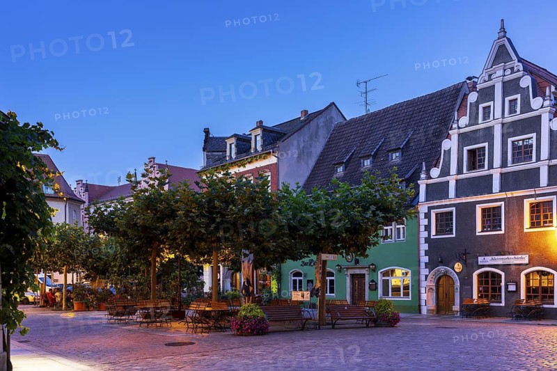 Historic buildings in the evening light on the Kleinmarkt in Meissen, Saxony, Germany