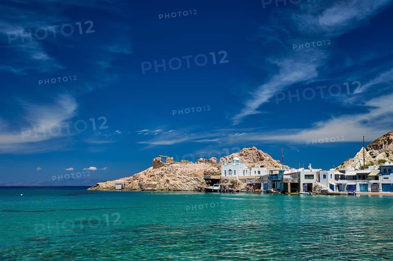 Greek village scenic picturesque view in Greece, the beach and fishing village of Firapotamos in Milos island, Greece