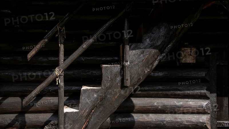 Rustic wooden staircase, film set Jørundgard Middelaldersenter, Olavsweg or Olavsleden, Sel municipality, Gudbrandsdalen, Norway