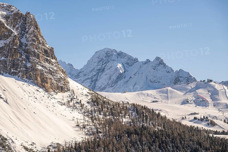 Beautiful landscape of the Mountain silhouettes of the Sexten Dolomites on a sunny winter day, South Tyrol, Trentino-South Tyrol, Alto-Adige, Italy