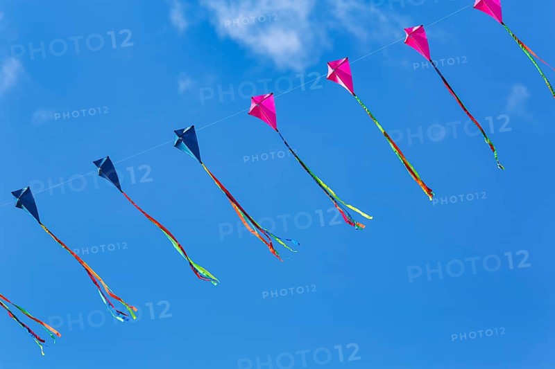 Strung kites flying in the blue sky, garland, kite festival in Vinsebeck, Steinheim, Eggegebirge and Southern Teutoburg Forest nature park Park, Weserbergland, North Rhine-Westphalia, Germany