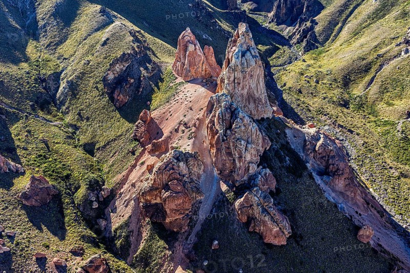 Colorful rock formations in the Valle Lunar, aerial view, section of the Jeinimeni National Park, Patagonia, Chile