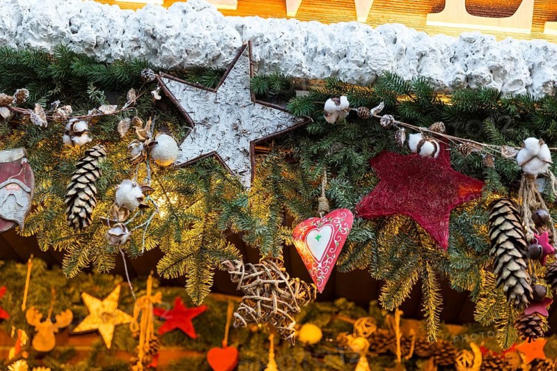Detailed decoration on the stalls of the Striezelmarkt Christmas market, Dresden, Saxony, Germany