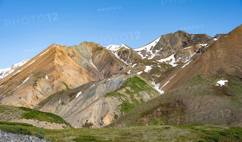 Colourful mountains, picturesque mountain scenery on Gulkana Glacier, Richardson Highway, Alaska Range, Alaska, USA