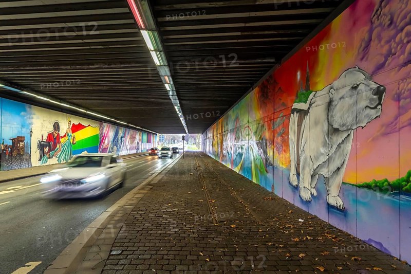 Huge street art pictures in a road tunnel in Gelsenkirchen, the approximately 120 meter long railway underpass of Wickingstraße was extensively painted and sprayed on both sides by 11 Gelsenkirchen graffiti artists and collectives, over a total length of 174 meters, the wall paintings showed motifs from Gelsenkirchen history, from economy, coal, steel, soccer, culture, life, on the 150th anniversary of the city on 29.11.11.25, North Rhine-Westphalia, Germany