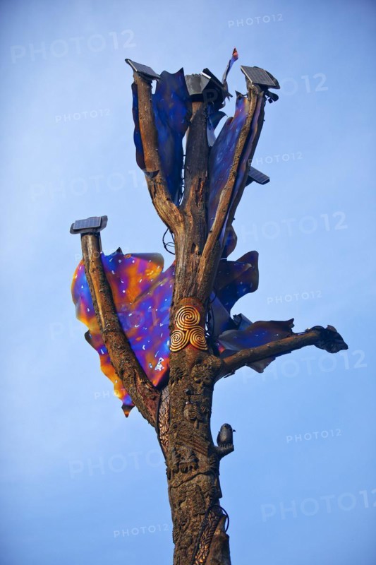 Fire oak artwork by Jürgen Suberg in the Elleringhausen nature reserve, Olsberg, Rothaarsteig, Sauerland, Germany