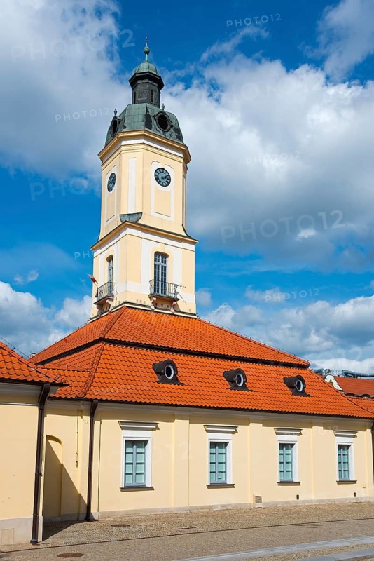 Side view of a historic building with tower on a slightly cloudy day, town hall, museum, Bialystok, Bialystok, Bjelostock, Podlaskie, Poland