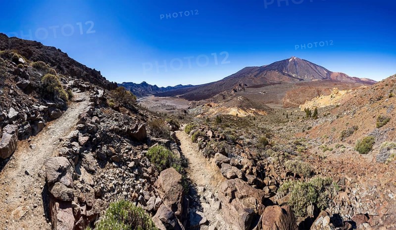 Mountain hiking on Montana Guajara, view of Mount Teide, Teide National Park, Tenerife, Canary Islands, Spain