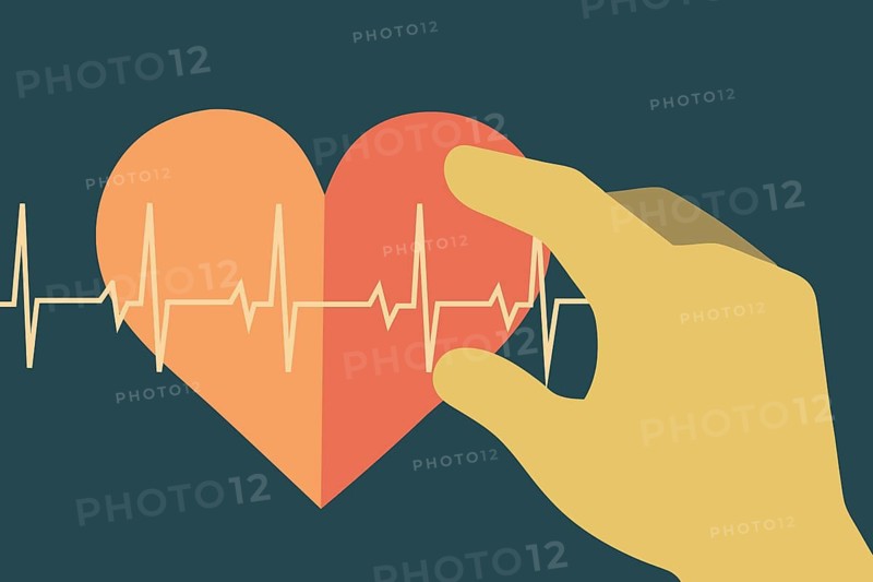 An illustration of a hand gently holding a heart with an ECG line running through it, symbolizing care, health, and medical monitoring. The design uses warm, inviting colors