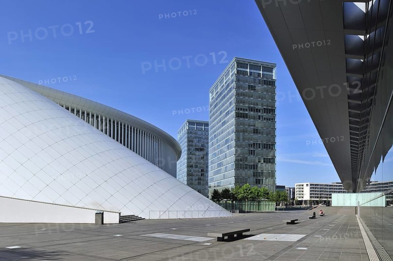 Office buildings of the European Parliament and the Grande-Duchesse Joséphine-Charlotte Concert Hall, Philharmonie Luxembourg at Kirchberg, Luxembourg