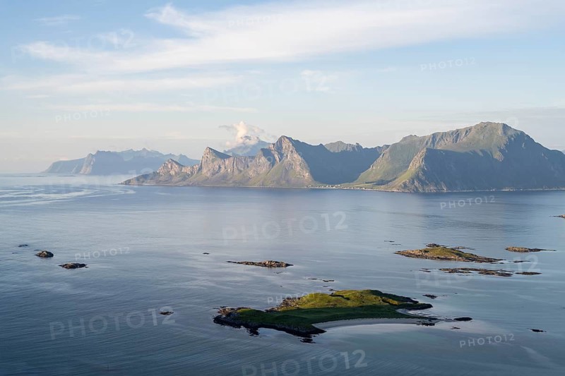 View of island, mountains and coast, Lofoten, Norway