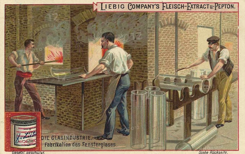 Picture series The glass industry, manufacture of window glass, Liebig picture, digitally restored reproduction of a collector's picture from around 1900, public domain, exact date unknown, workers making window panes in a traditional-looking workshop