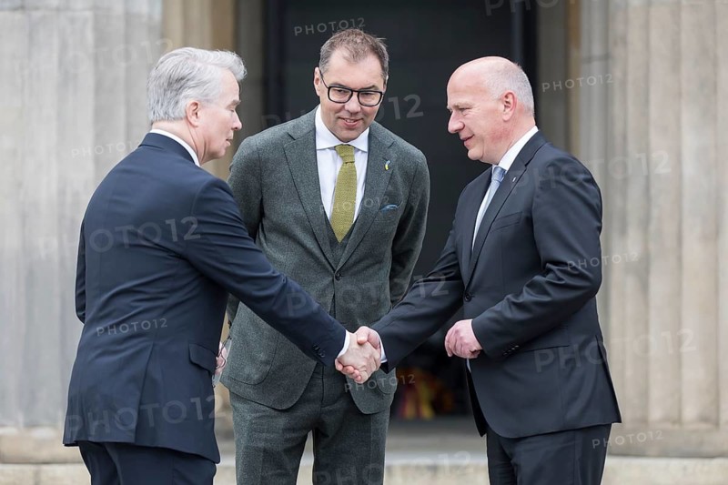 Konrad Arz von Straussenburg (German diplomat), Oleksii Makeiev (Ambassador of Ukraine) and Kai Wegner (CDU, Governing Mayor of Berlin) stand after the silent commemoration of the 80th anniversary of the end of the Second World War in front of the Neue Wache, the central memorial of the Federal Republic of Germany for the victims of war and tyranny, Berlin, 8 May 2025