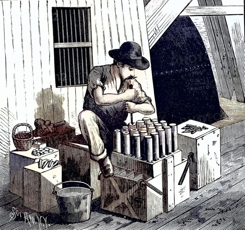 Inserting blasting caps into dynamite cartridges to blow up Flood Rock, East River, part of the Hell Gate Rocks complex, which was partially removed in 1876 and 1885. These rocks prevented large ships from reaching New York Harbour and posed a danger to smaller vessels. From Scientific American, New York, 1885, Historical, digitally restored reproduction from a 19th century original, Record date not stated