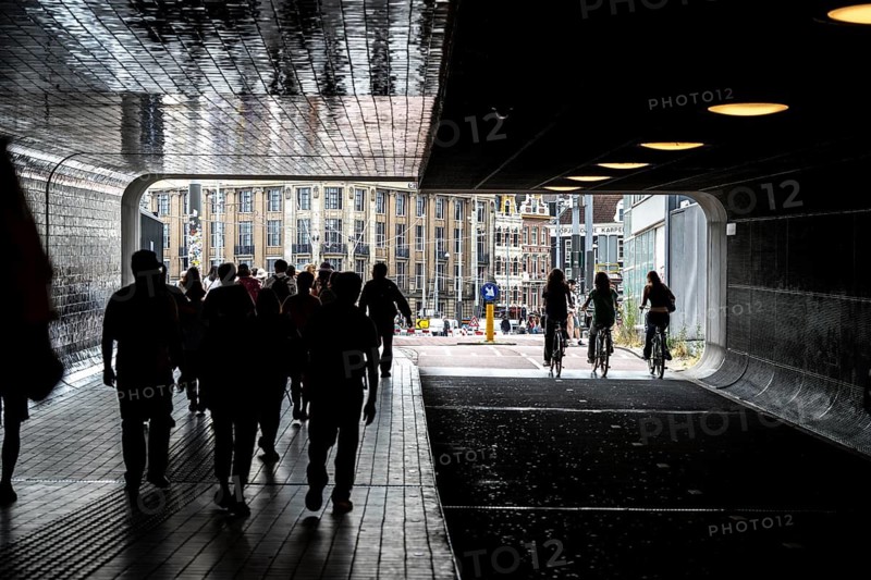 Footpath and cycle path, cycle highway, Cuyperspassage, subway at Central Station, Amsterdam Centraal, Netherlands